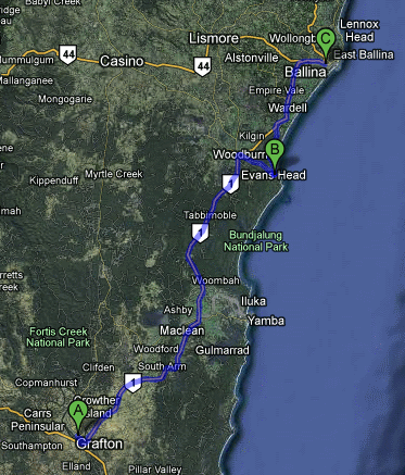 Grafton to Ballina via Evans Head (~140 km)